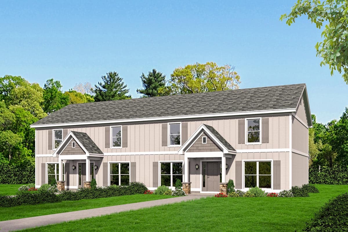 House plan exterior. Two-story with gabled entry porches and matching shutters. Features include vertical siding and a symmetrical layout.