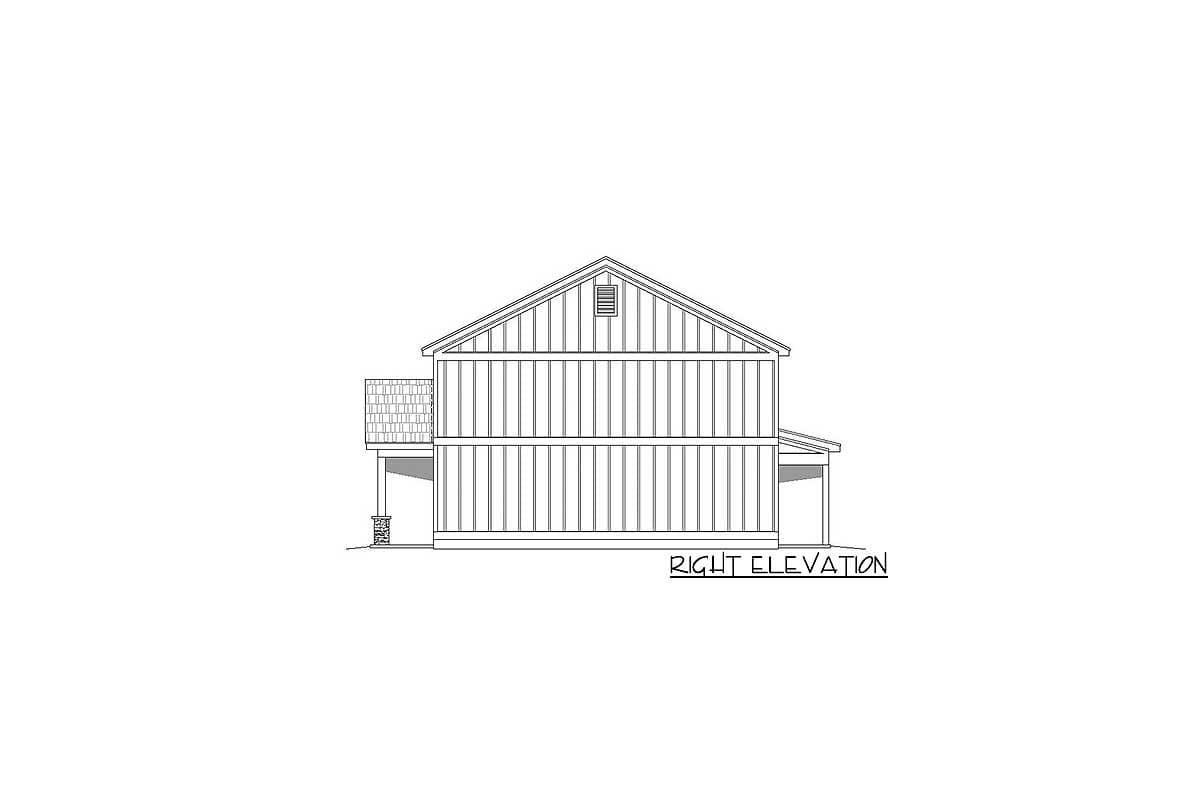 Right elevation house plan drawing with vertical siding, gable roof, vented gable, and a small covered deck.