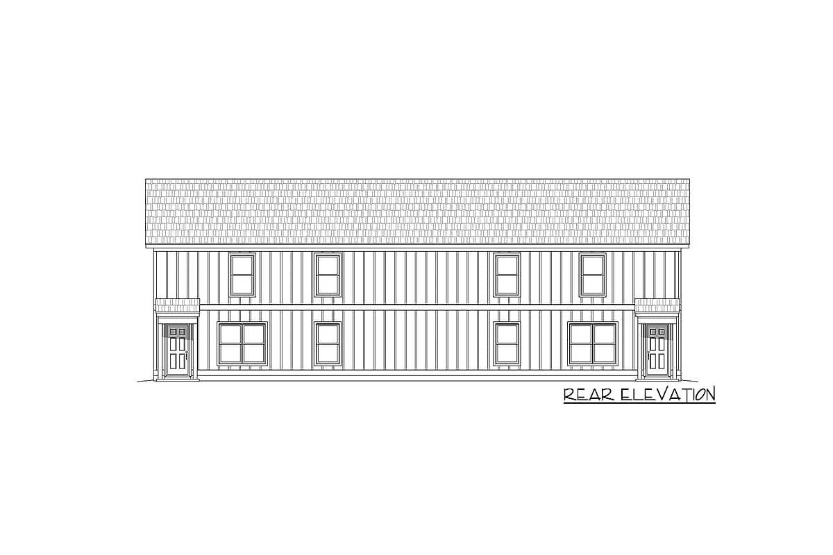 Rear elevation drawing of a two-story house plan with vertical siding, multiple windows, and two front-facing doors.