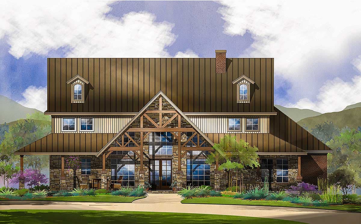 House plan exterior. Two-story home with a gabled entrance, stone accents, and dormers. Features include a covered porch and standing seam metal roof.