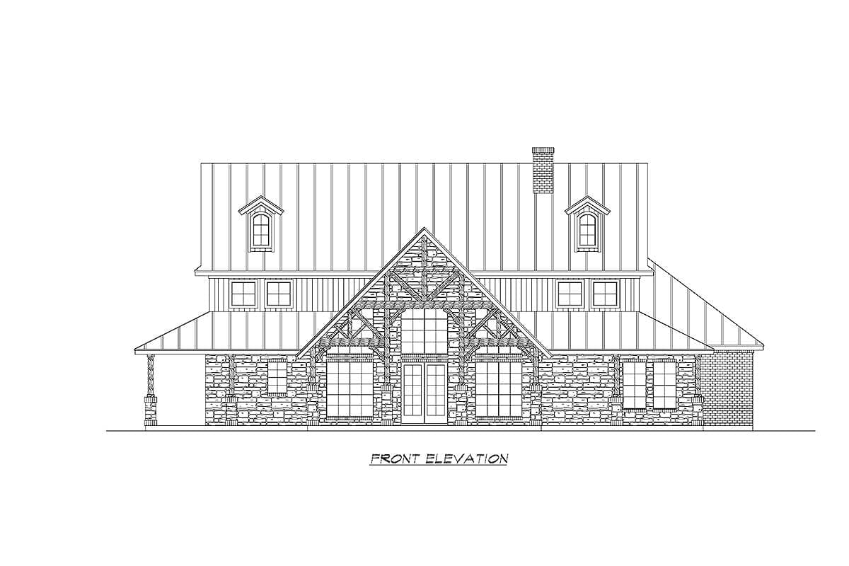 Front elevation drawing of a two-story house plan with stone and siding, gambrel roof, and dormer windows.