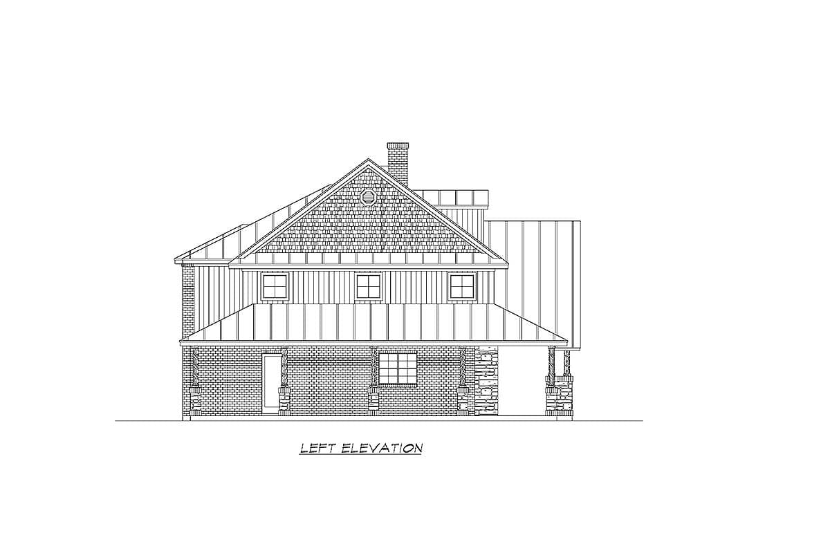 Left elevation drawing of a two-story house plan featuring a prominent gable, shingle siding, metal roof, and stone porch columns.