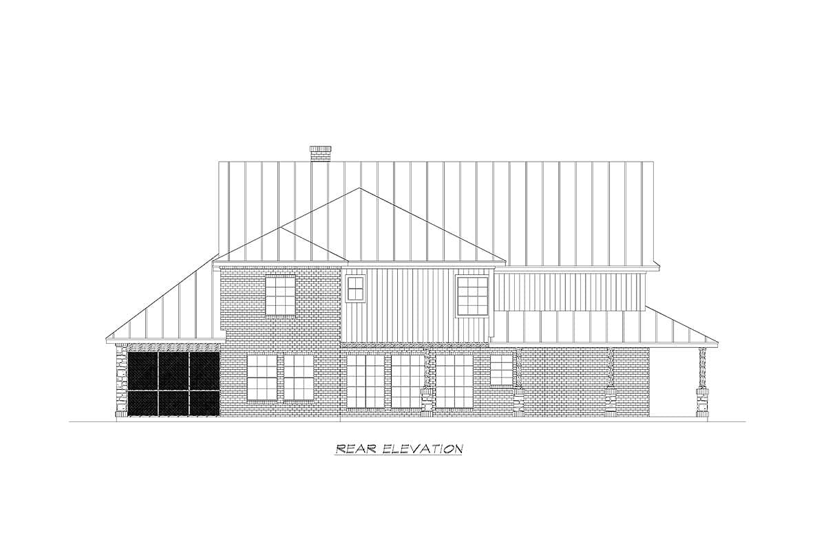 Rear elevation house plan with brick and vertical siding, metal roof, multiple gables, and covered porch.