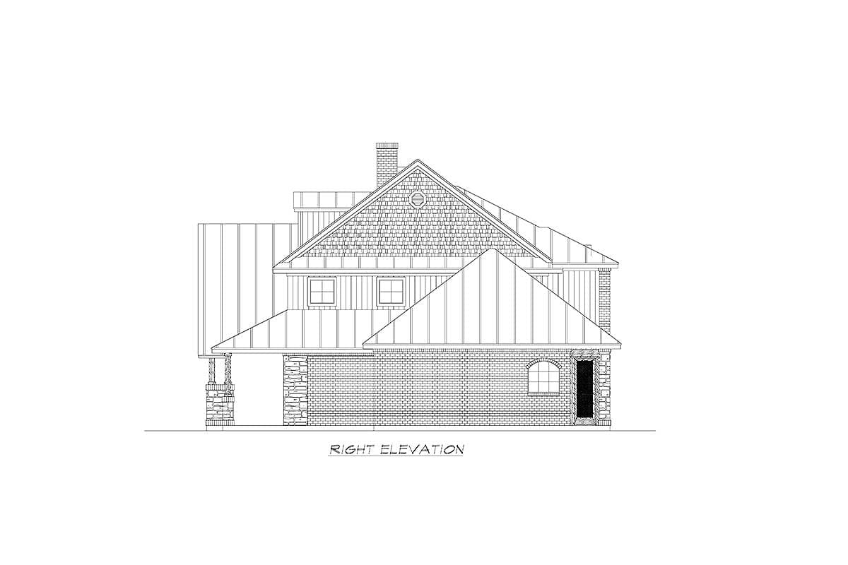 Right elevation drawing of a two-story house plan with brick and stone foundation, gables, dormers, and varied rooflines.