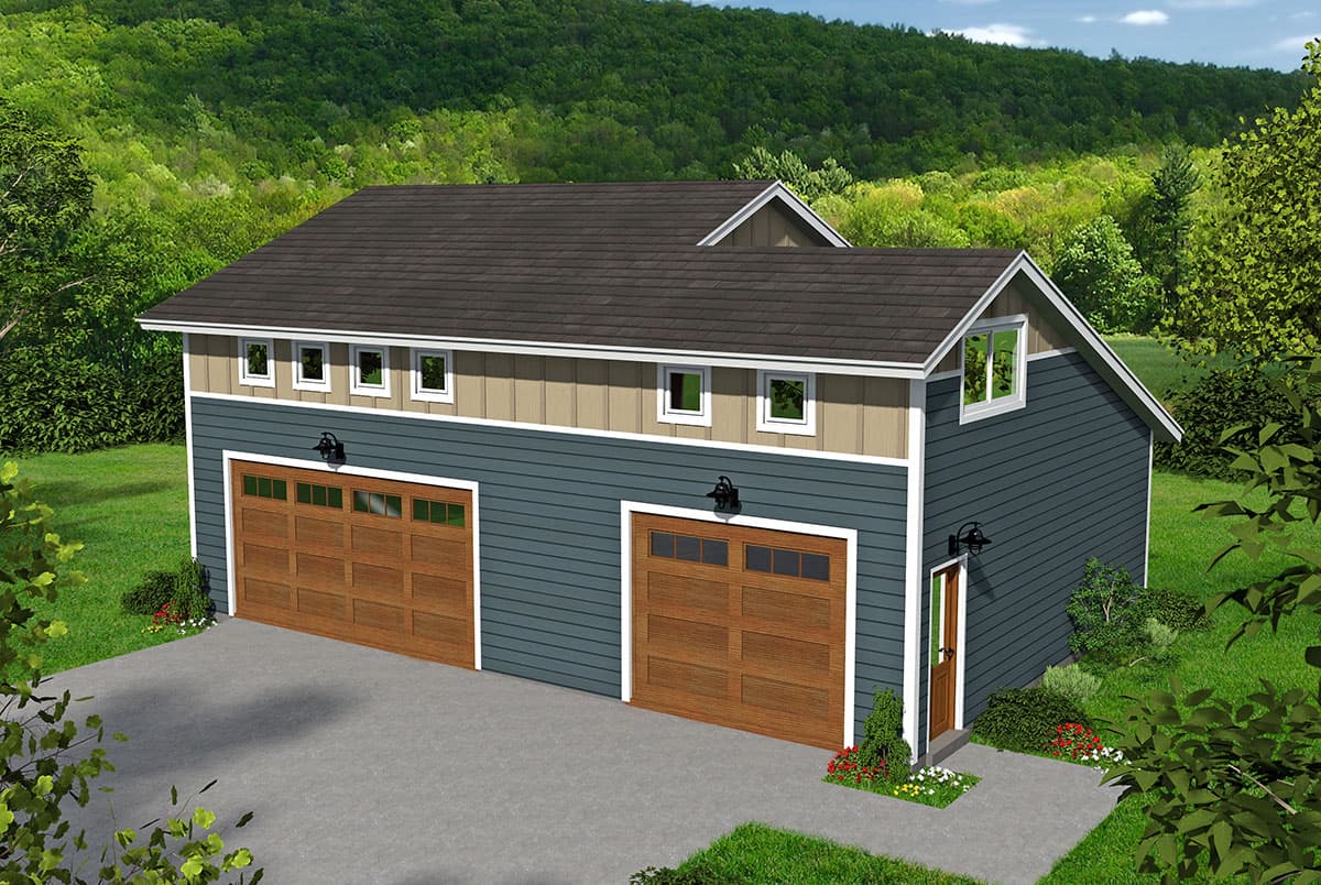 House plan exterior with two-car garage. Features include a gable roof, small dormer, horizontal siding, and decorative light fixtures.