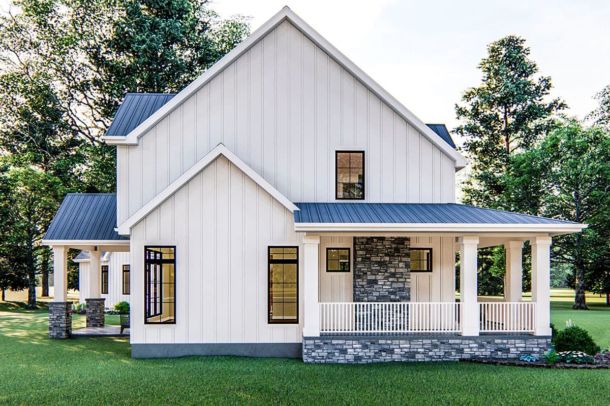 Modern farmhouse house plan exterior with white board and batten siding, dark metal roof, stone chimney, and covered porch.