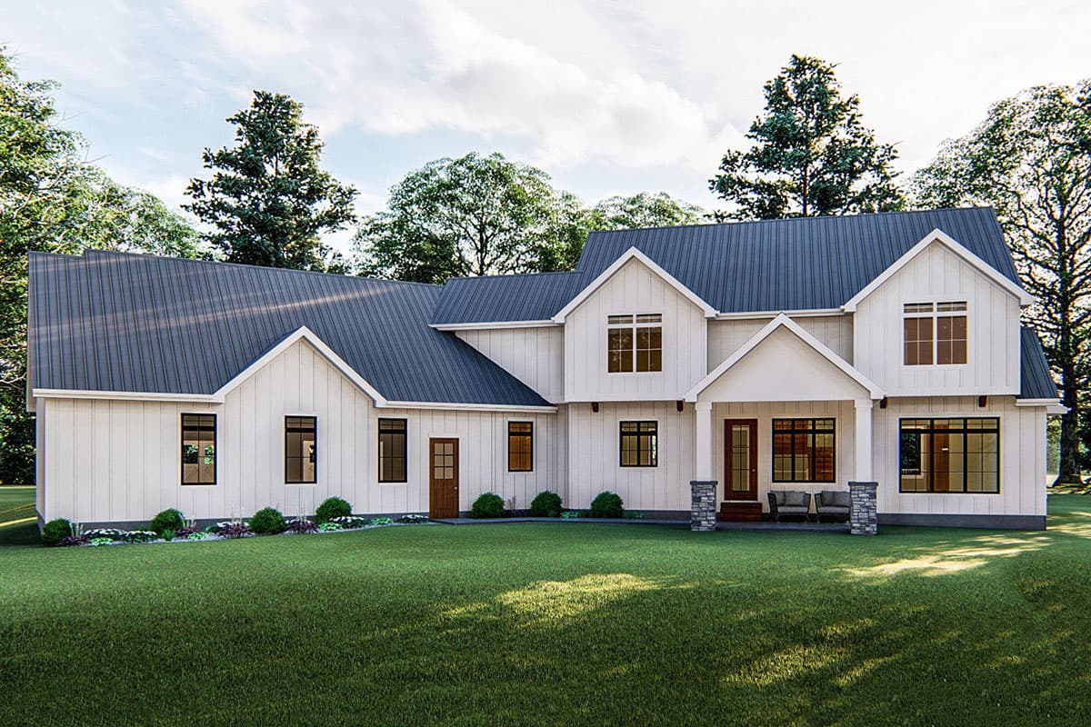 Modern Farmhouse house plan exterior with metal roof, board and batten siding, prominent gables, and a covered front porch with stone columns.