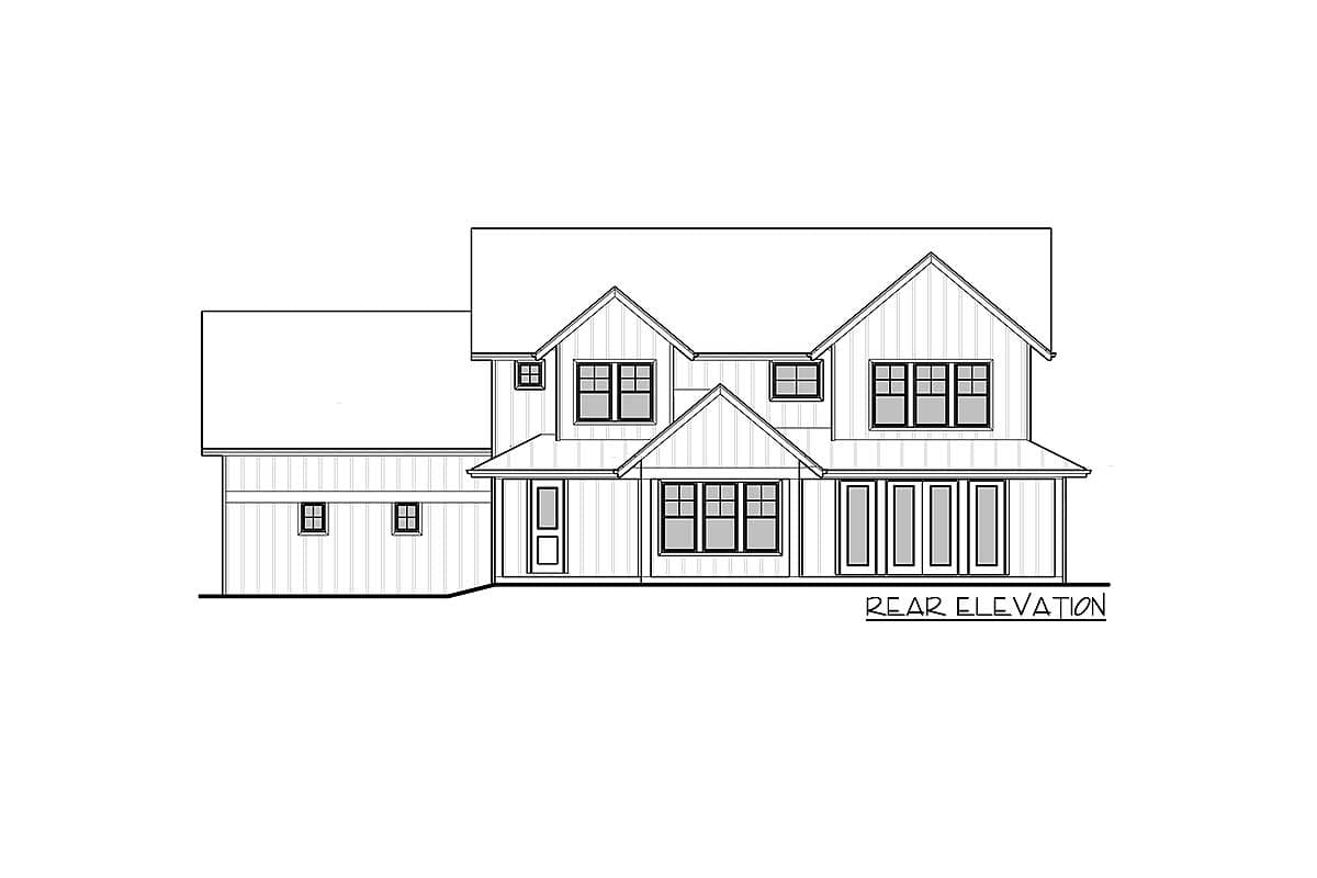 Rear elevation drawing of a two-story house plan featuring gables, multiple windows, and a covered porch.