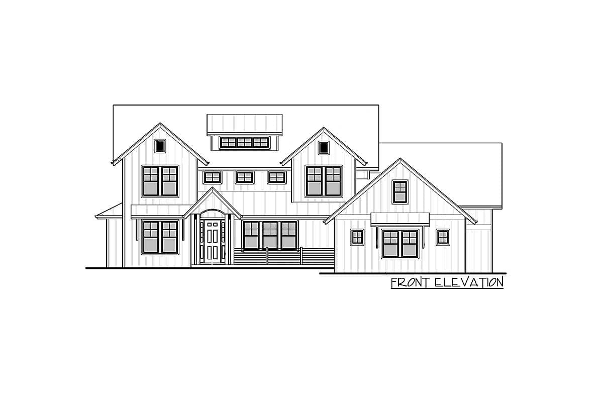 Front elevation house plan showing a two-story Modern Farmhouse with gables, dormers, and a covered front porch.