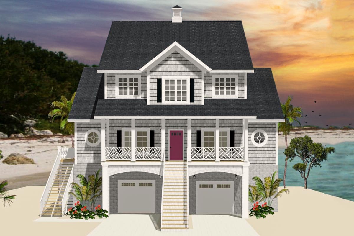 House plan exterior. Two-story coastal house with gabled roof, covered porch, and two-car garage. Features shingle siding and decorative railings.