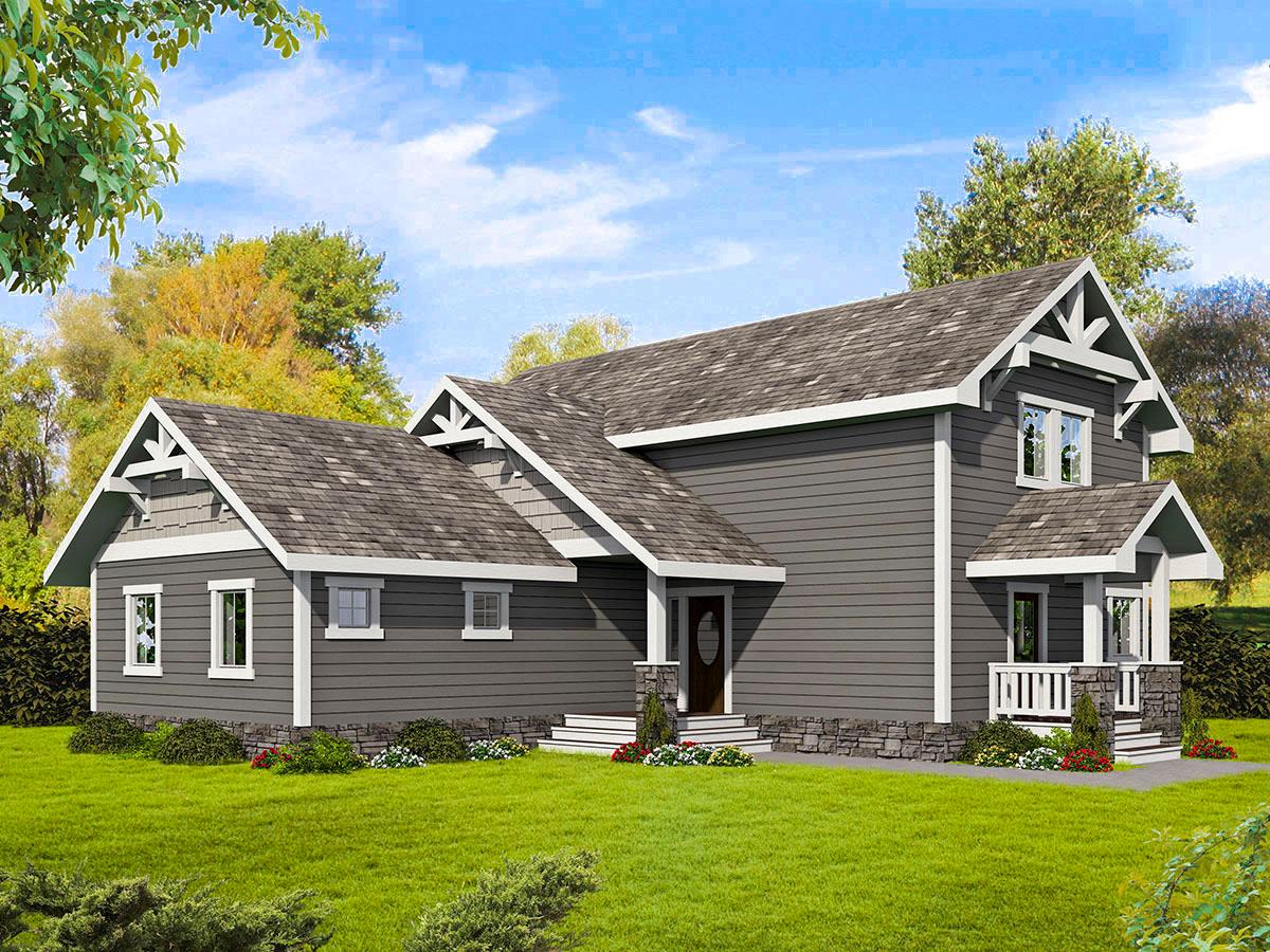 House plan exterior in Craftsman style. Two-story house with gables, a covered porch with stone columns, and decorative trim details on rooflines.