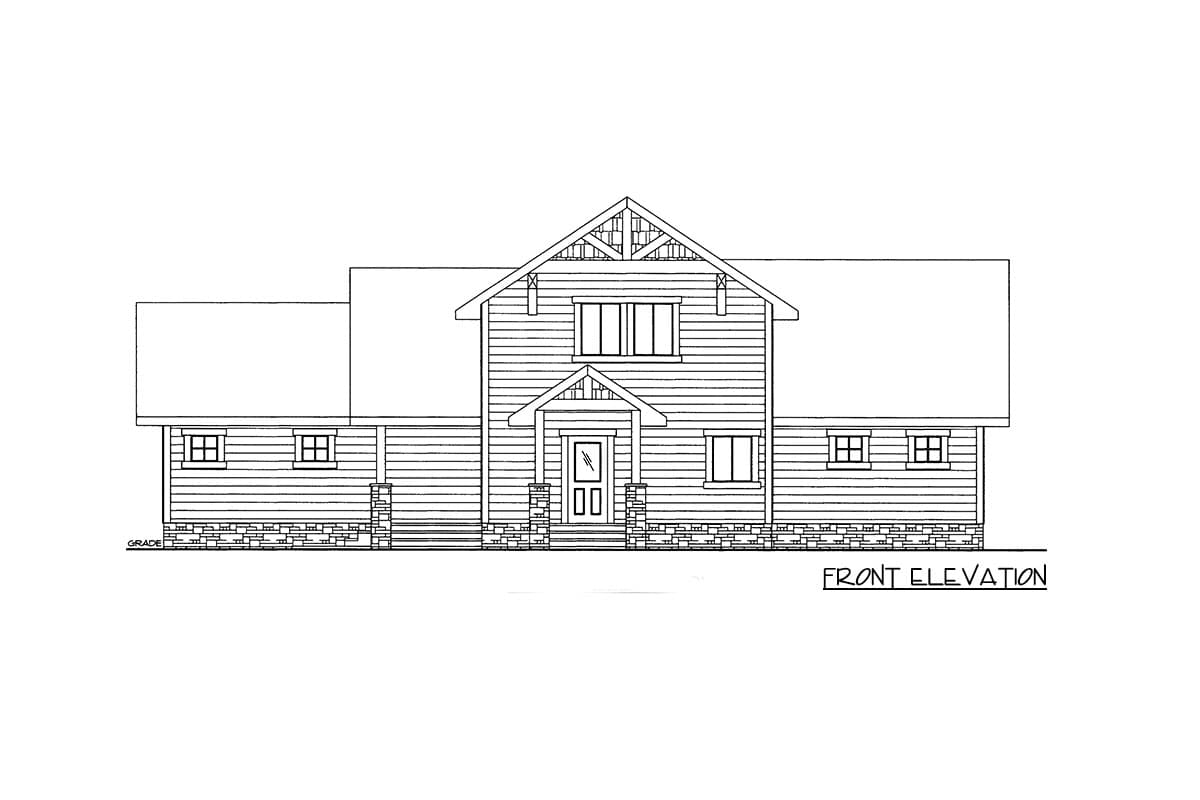 Front elevation drawing of a two-story house plan with horizontal siding, stone foundation, gabled dormers, and a covered entry porch.