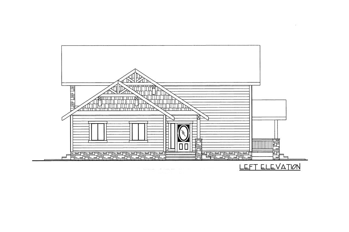House plan left elevation featuring a prominent gable with exposed rafters, shingle siding accents, a covered porch, and stone foundation.