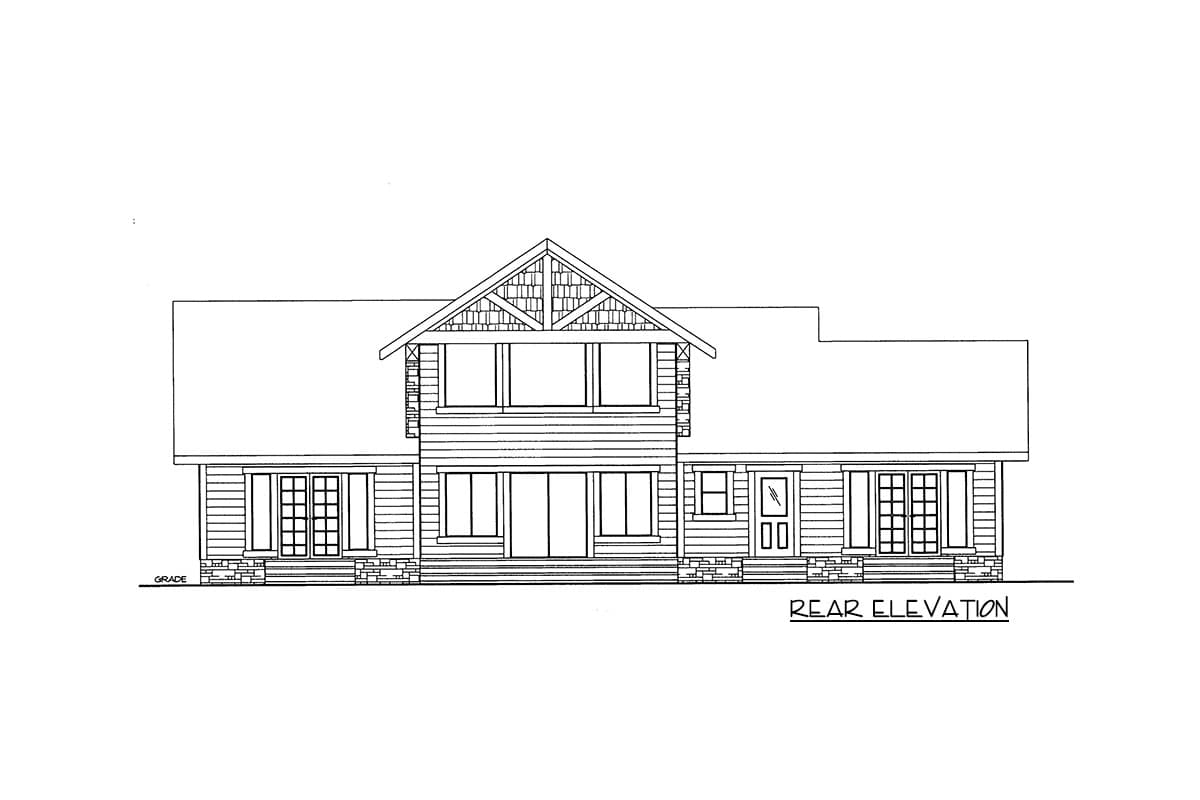 Rear elevation house plan drawing featuring a prominent gable with decorative siding, horizontal siding, multiple windows, and a central entryway.