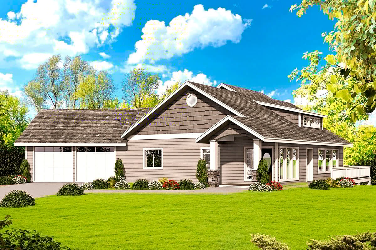 House plan exterior. Ranch style with a two-car garage, front porch, dormers, and gabled roofline. One story house with a covered entry.