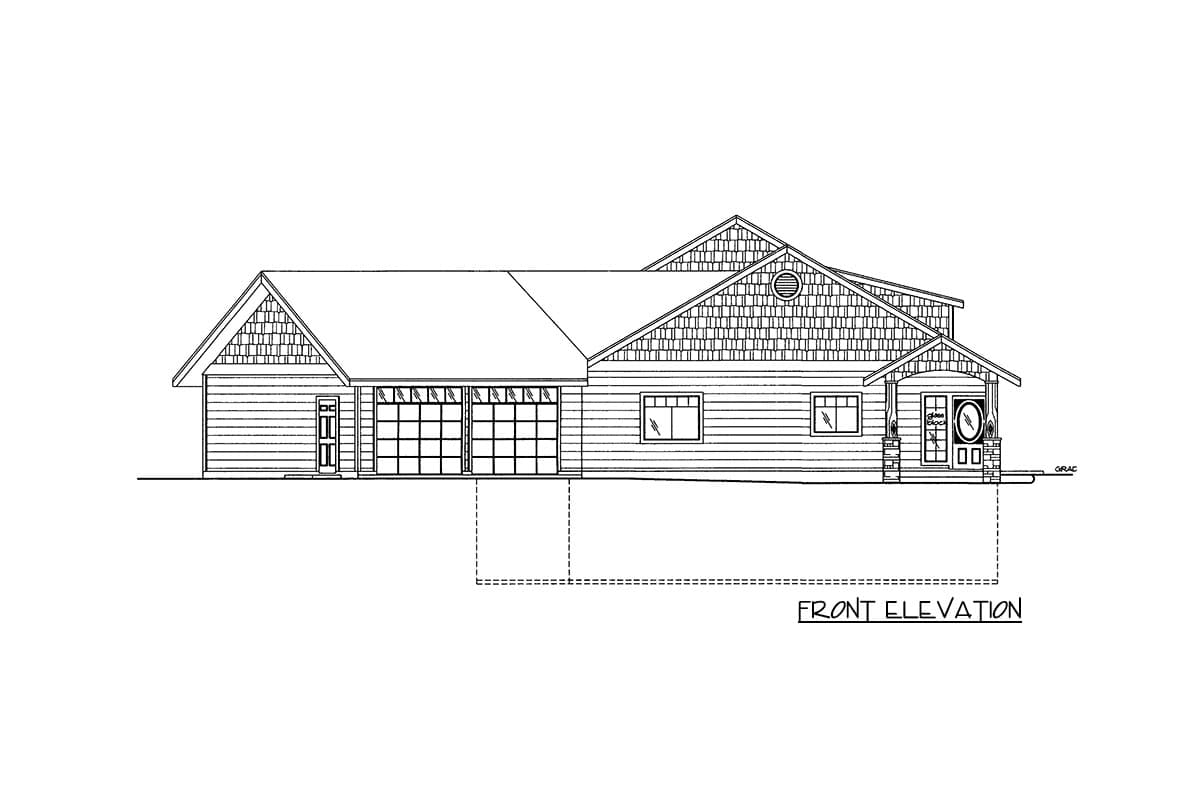 Front elevation drawing of a house with a two-car garage, gable roof, and covered entry.