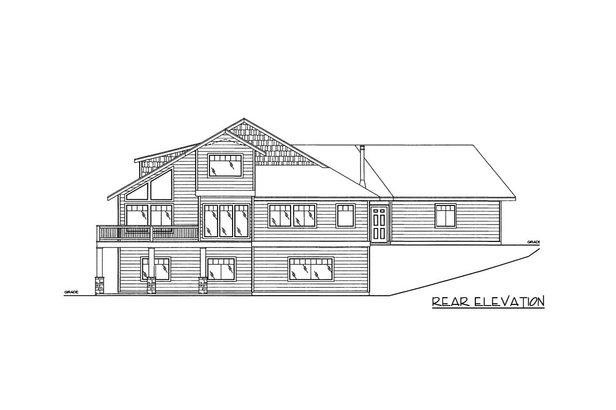 Rear elevation house plan drawing with varied rooflines, a deck, multiple windows, and a double door entrance.