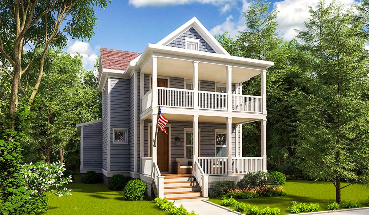 House plan exterior. Two-story Colonial with a front porch, gabled roof, and two-story balcony with white balustrades.