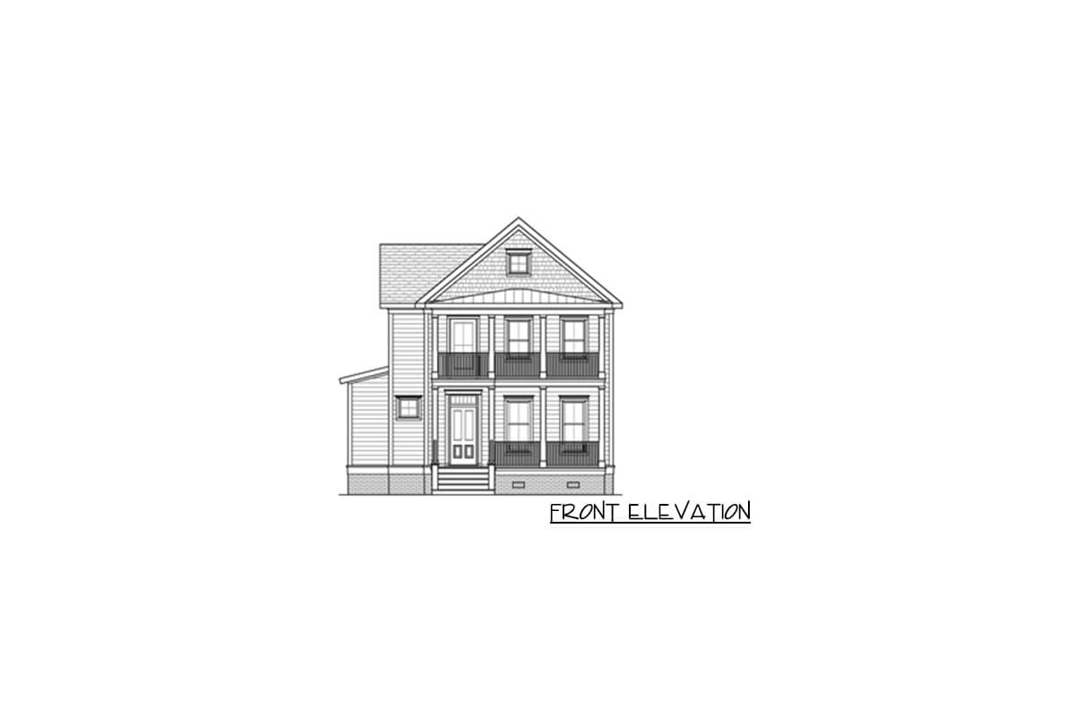Front elevation drawing of a two-story house plan with gabled roof, double balconies, and double front doors.
