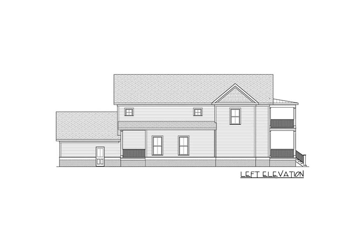 Left elevation drawing of a two-story house plan with a garage, gable, and two-level porch.