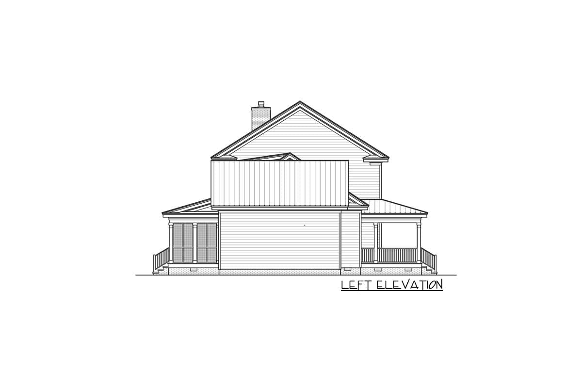 Left elevation of a two-story house plan with gabled roof, chimney, and covered porches on each side.