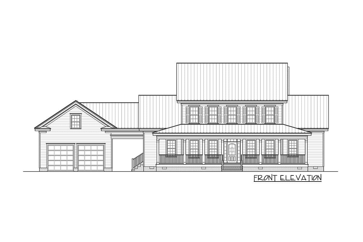 Front elevation drawing of a two-story house plan with a wraparound porch, double garage, and dormer window.