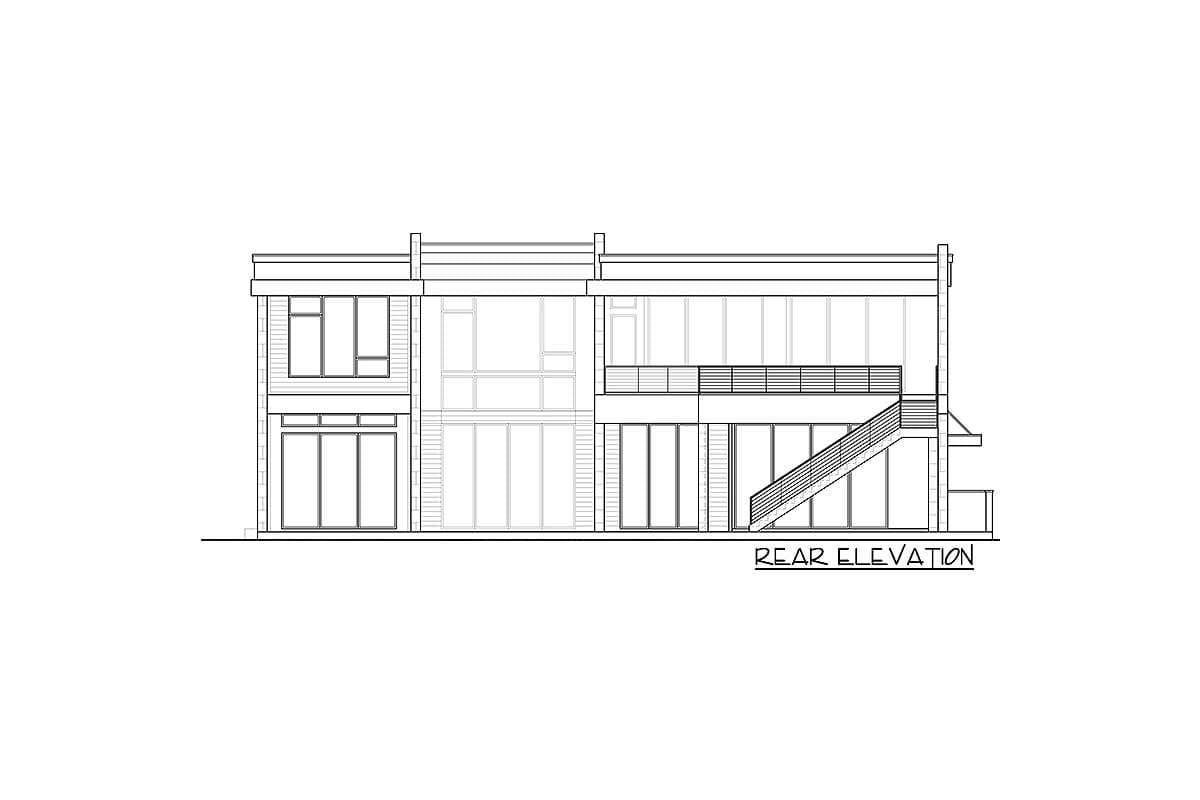 Rear elevation drawing of a two-story house with large windows, a balcony, and exterior stairs.