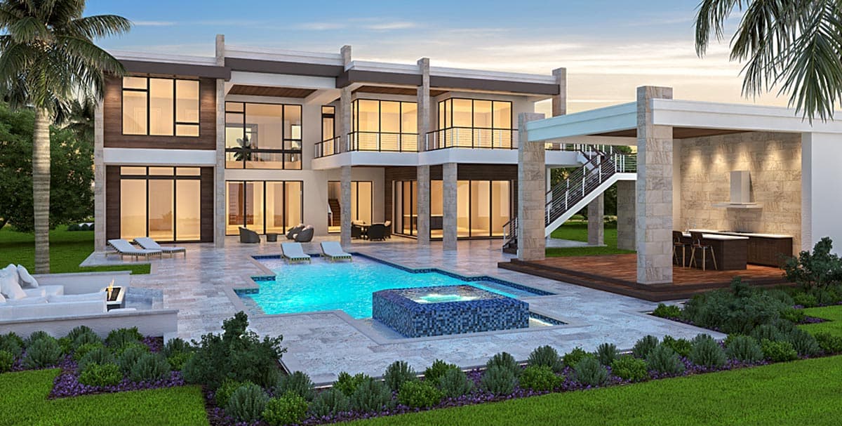 Modern two-story house plan exterior with expansive glass, balconies, outdoor kitchen, and pool.