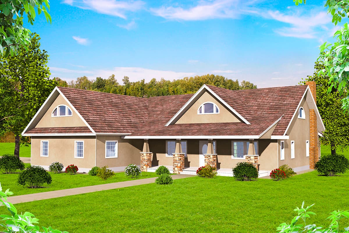 House plan exterior with gable roof, covered porch, and brick chimney. Features include arched windows in the gables and stone-clad columns.