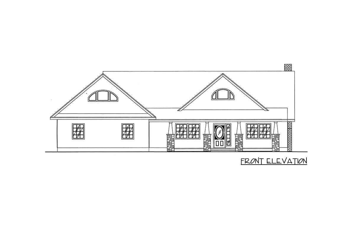 Front elevation drawing of a one-story house with a wide porch, dual gables, arched dormers, and a prominent chimney.