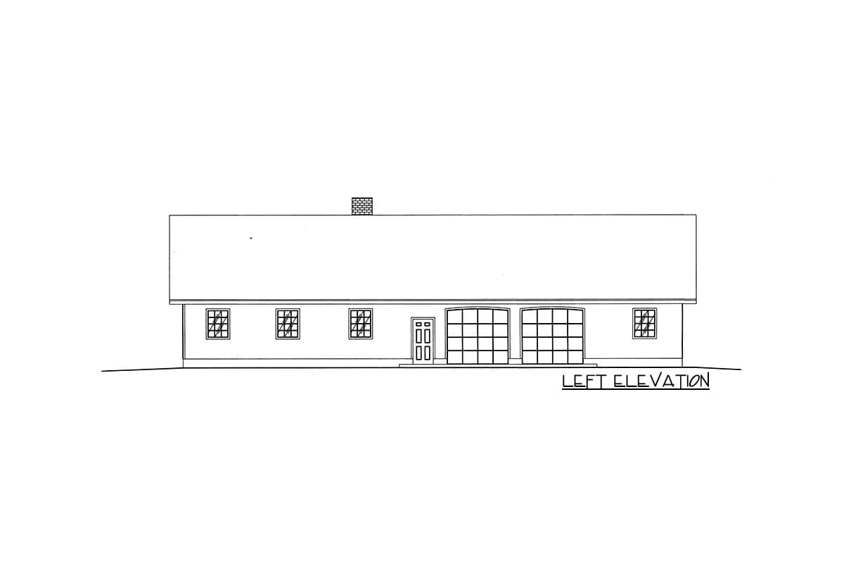 Left elevation of a house plan showing a simple roofline, windows, two garage doors, and a single door.