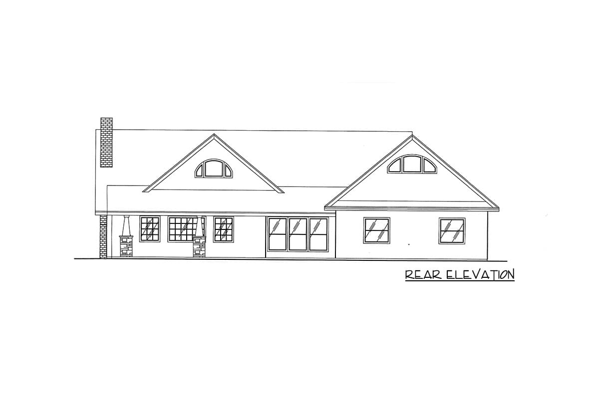Rear elevation drawing of a house plan with a prominent gable, arched dormer, brick chimney, and covered porch with stone columns.