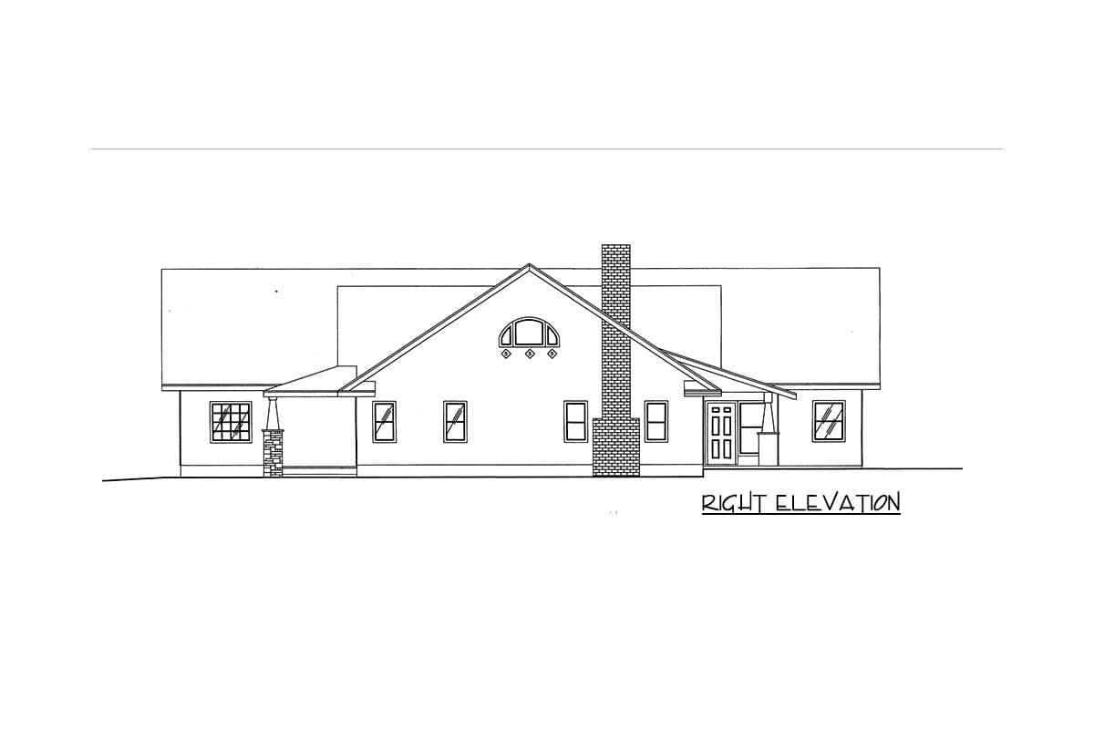 Right elevation house plan with a prominent brick chimney, arched window, and covered entrance with double doors.