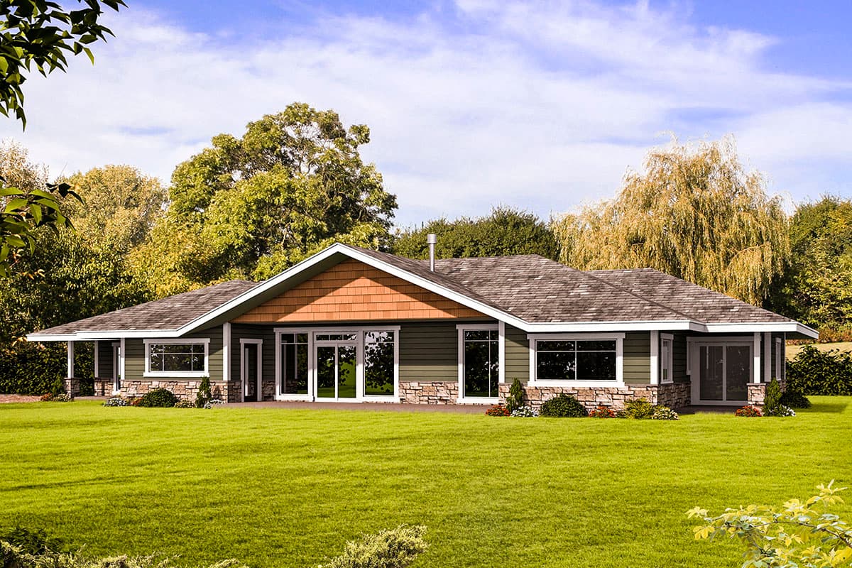 House plan exterior. Ranch style with a single story, featuring a low-pitched roof, gables, and a covered porch with stone details.