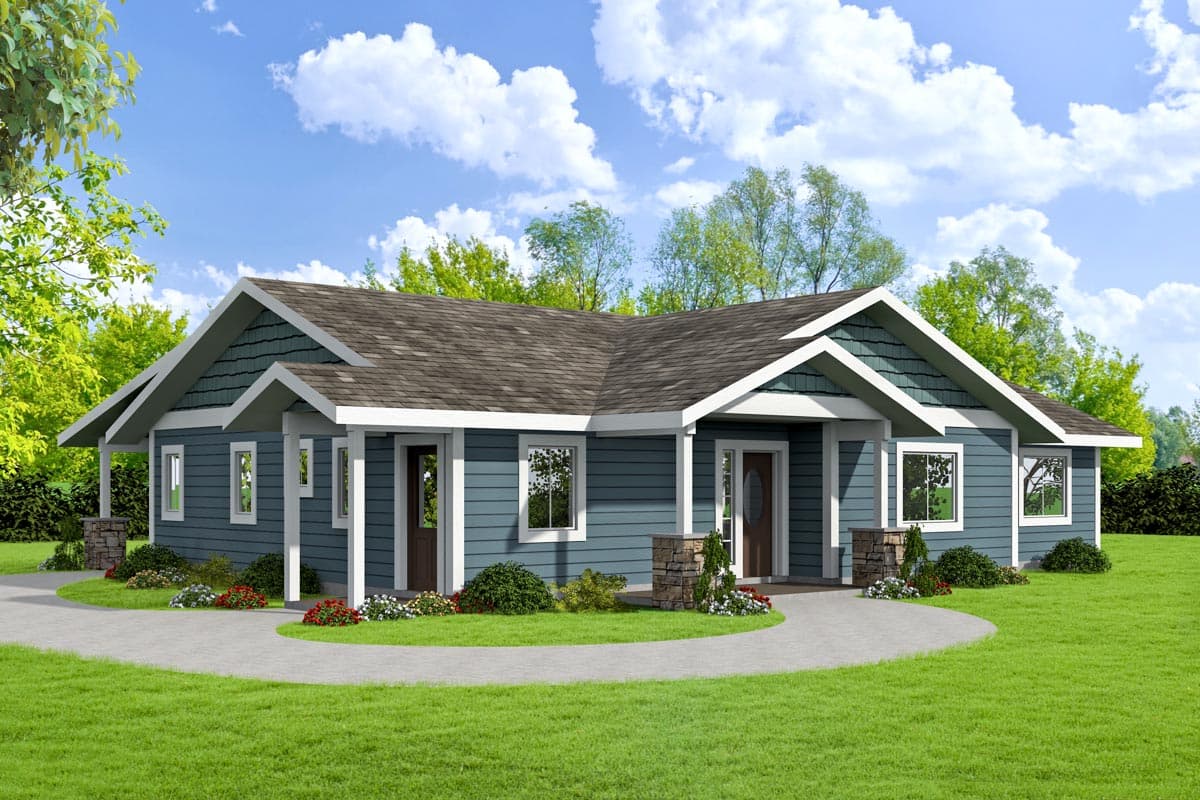 House plan exterior. Ranch style, one-story home with gables, covered porch, and horizontal siding. Features include stone columns.