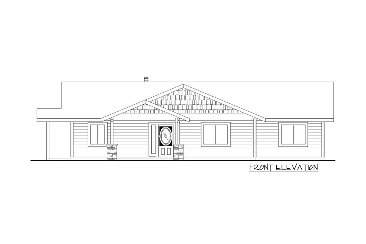 Front elevation drawing of a single-story house with a covered porch, prominent gable with decorative siding, and horizontal siding.