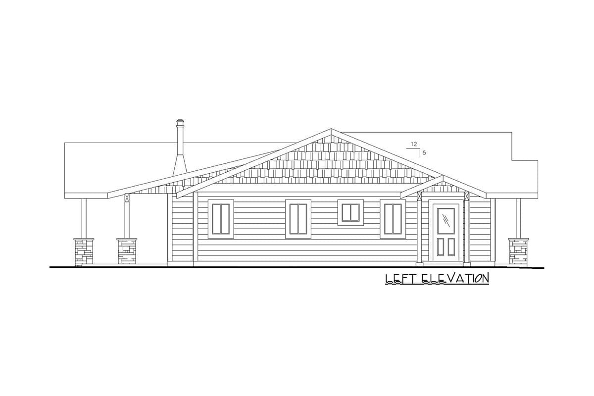 Left elevation of a house plan featuring a gabled roof with shingle detail, covered front porch with stone columns, and multiple windows.
