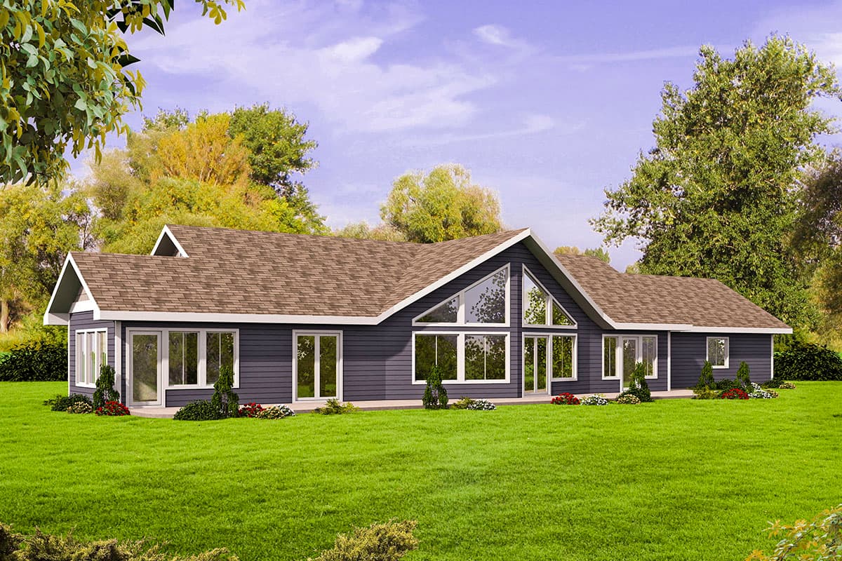House plan exterior with gable roof, multiple windows, and a triangular-shaped window. One-story structure with dark siding.