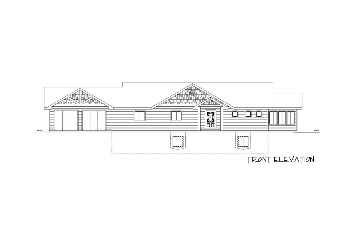 Front elevation drawing of a single-story house plan with a two-car garage, prominent gable, and a sunroom.