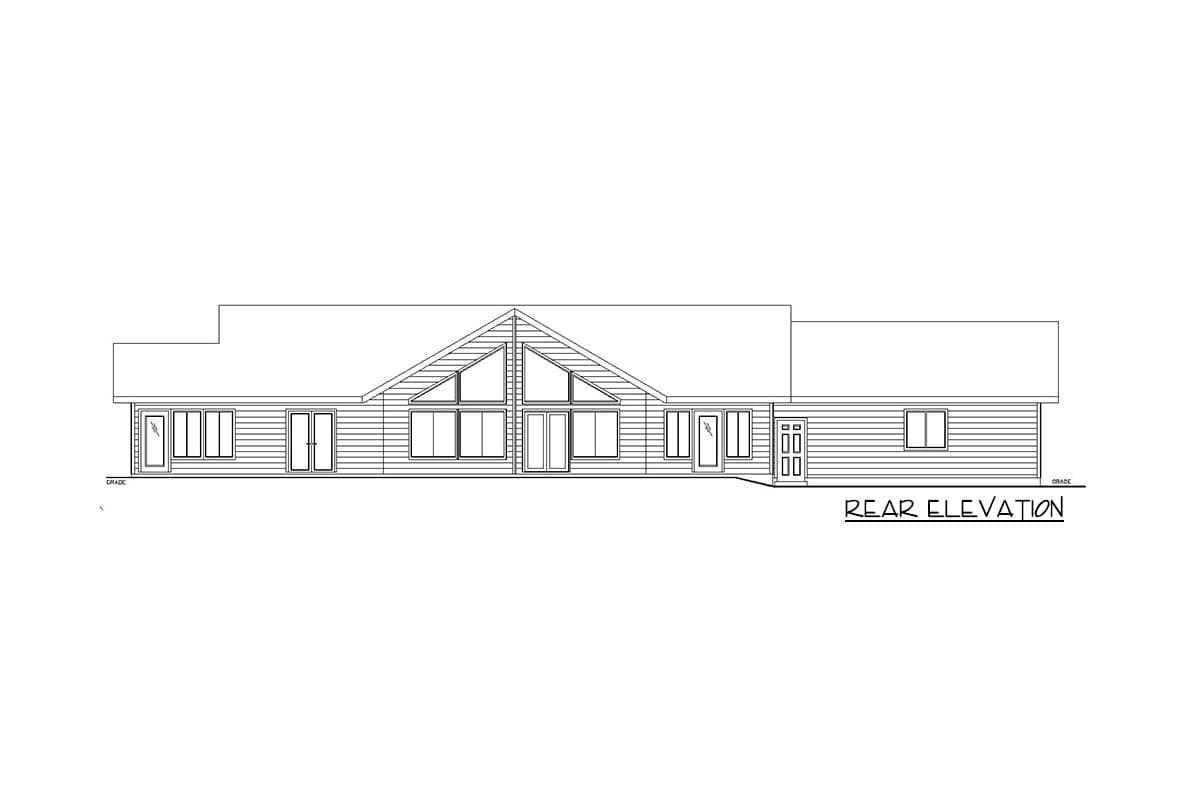 Rear elevation house plan: one-story, horizontal siding, large central gable with A-frame windows, and double doors.