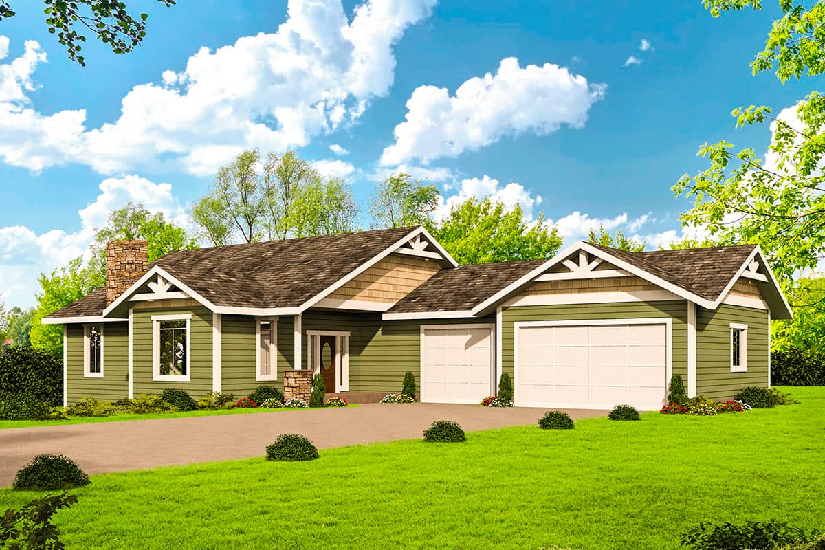 House plan exterior. Craftsman style, one story home with gables and a stone chimney. Features include a two-car garage.