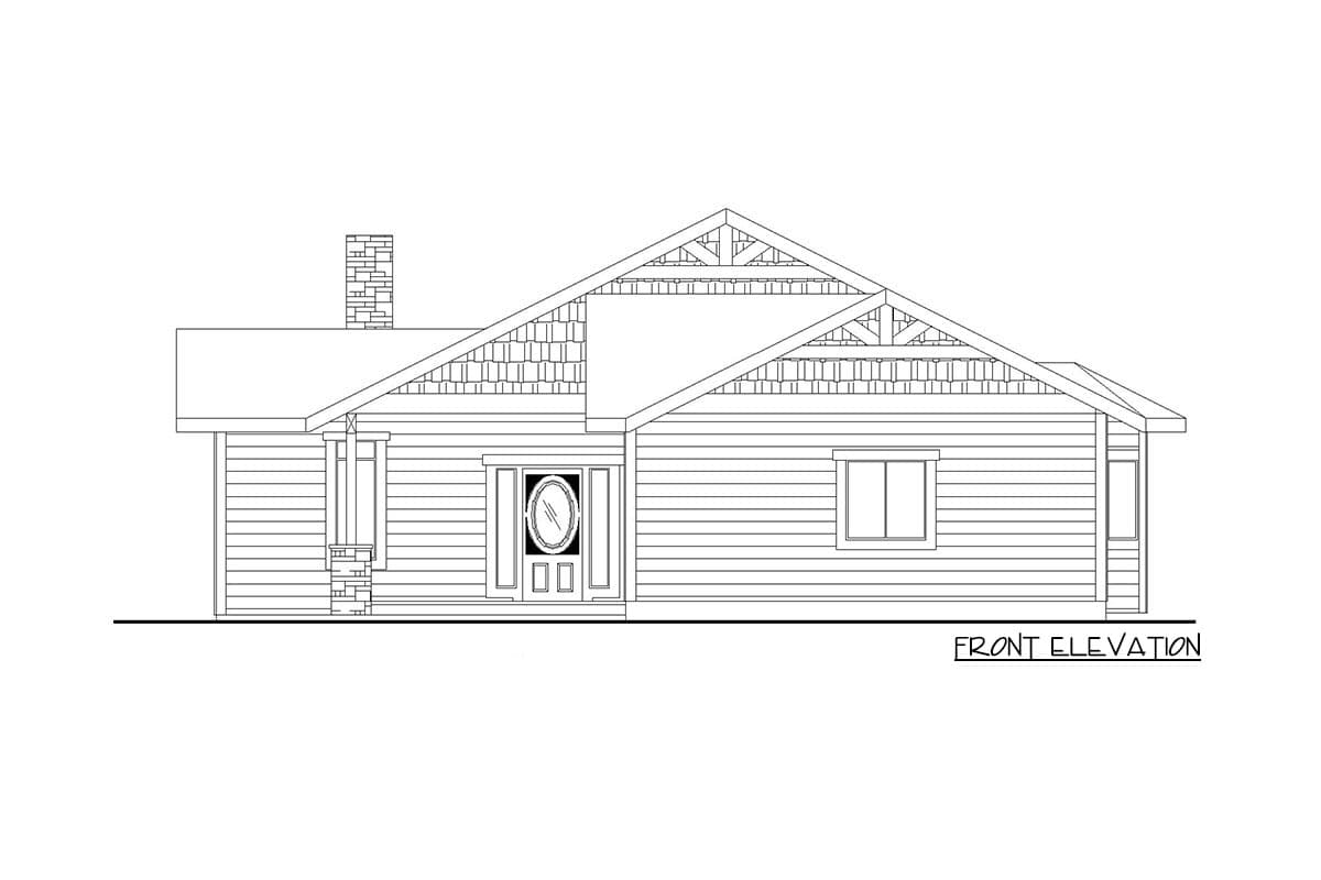 Front elevation of a one-story house plan with a gabled roof, exposed rafter tails, brick chimney, and covered entry.