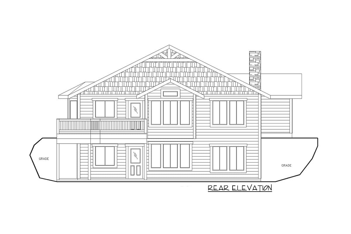 Rear elevation house plan with layered rooflines, a prominent gable, second-story balcony, and multiple windows.