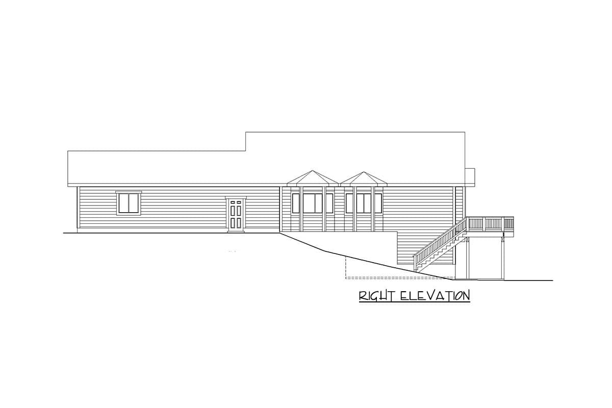 Right elevation drawing of a house plan with a deck, stairs, and two bay windows.