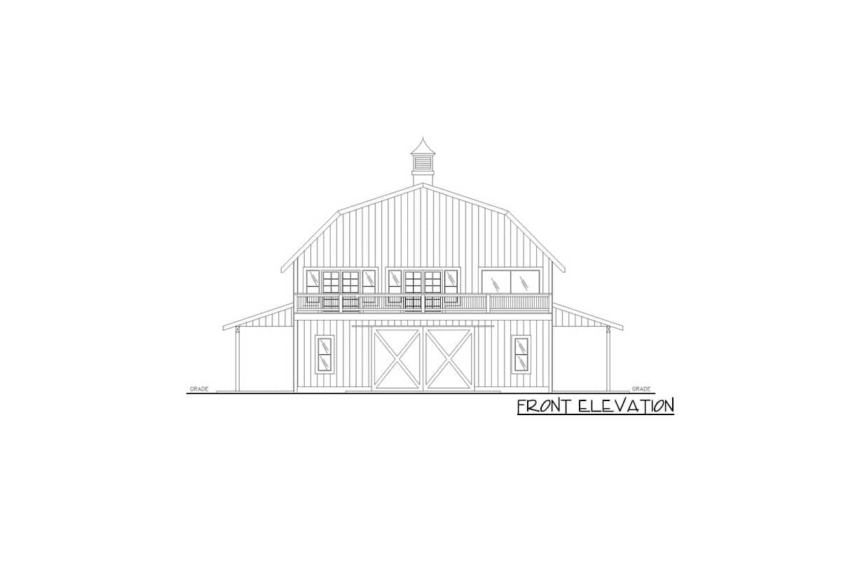Front elevation drawing of a two-story house plan with a gambrel roof, central double doors, and a second-story balcony.