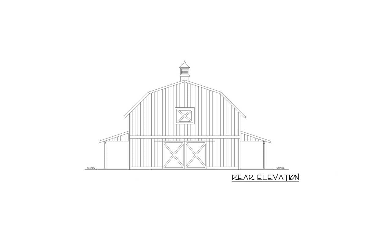 Rear elevation drawing of a barn with a cupola, X-pane double doors, and lean-to roof sections.