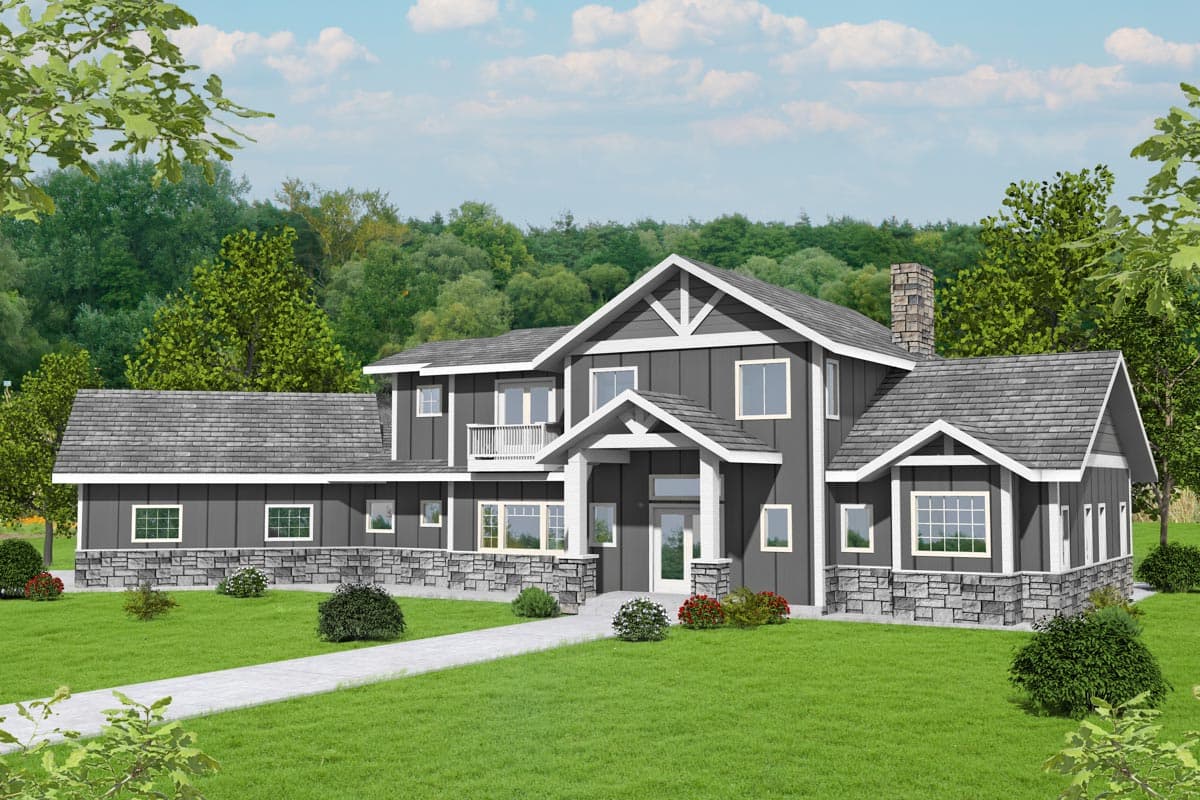 House plan exterior. Two-story, Craftsman-style home with gabled roof, stone accents, and a front entry porch with columns.