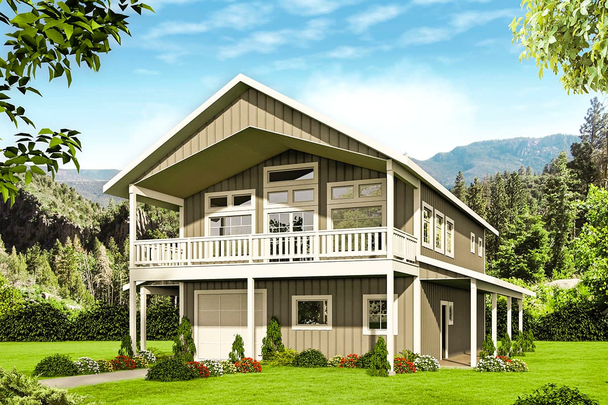 House plan exterior featuring two-story design with a balcony, gable roof, and a covered porch. Attached garage. Set in a natural landscape.
