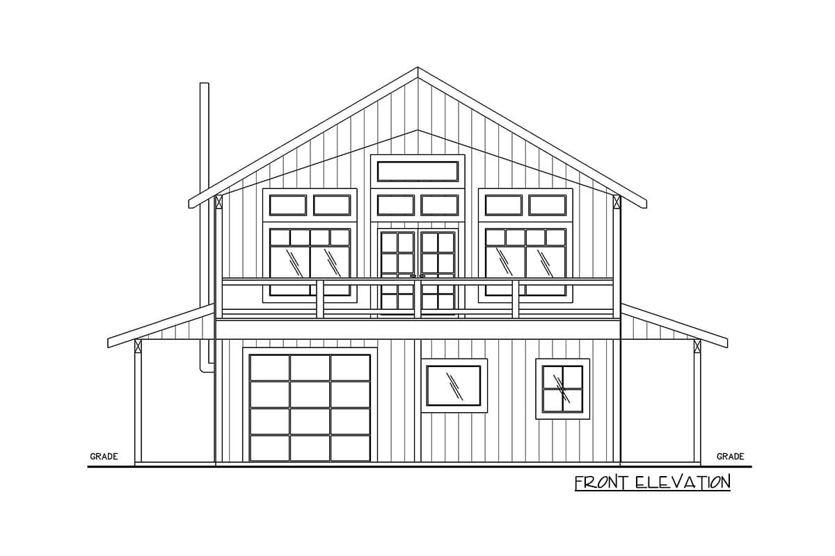 Front elevation drawing of a two-story house plan featuring a prominent gable roof, second-story balcony, and a multi-pane garage door.
