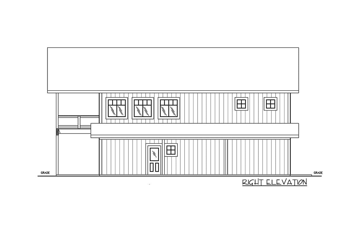 Right elevation drawing of a two-story house plan featuring horizontal siding, a single-pane door, and multiple windows.